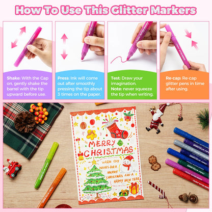 Ohuhu Glitter Metallic Marker Pens, 12 Colours, 3mm