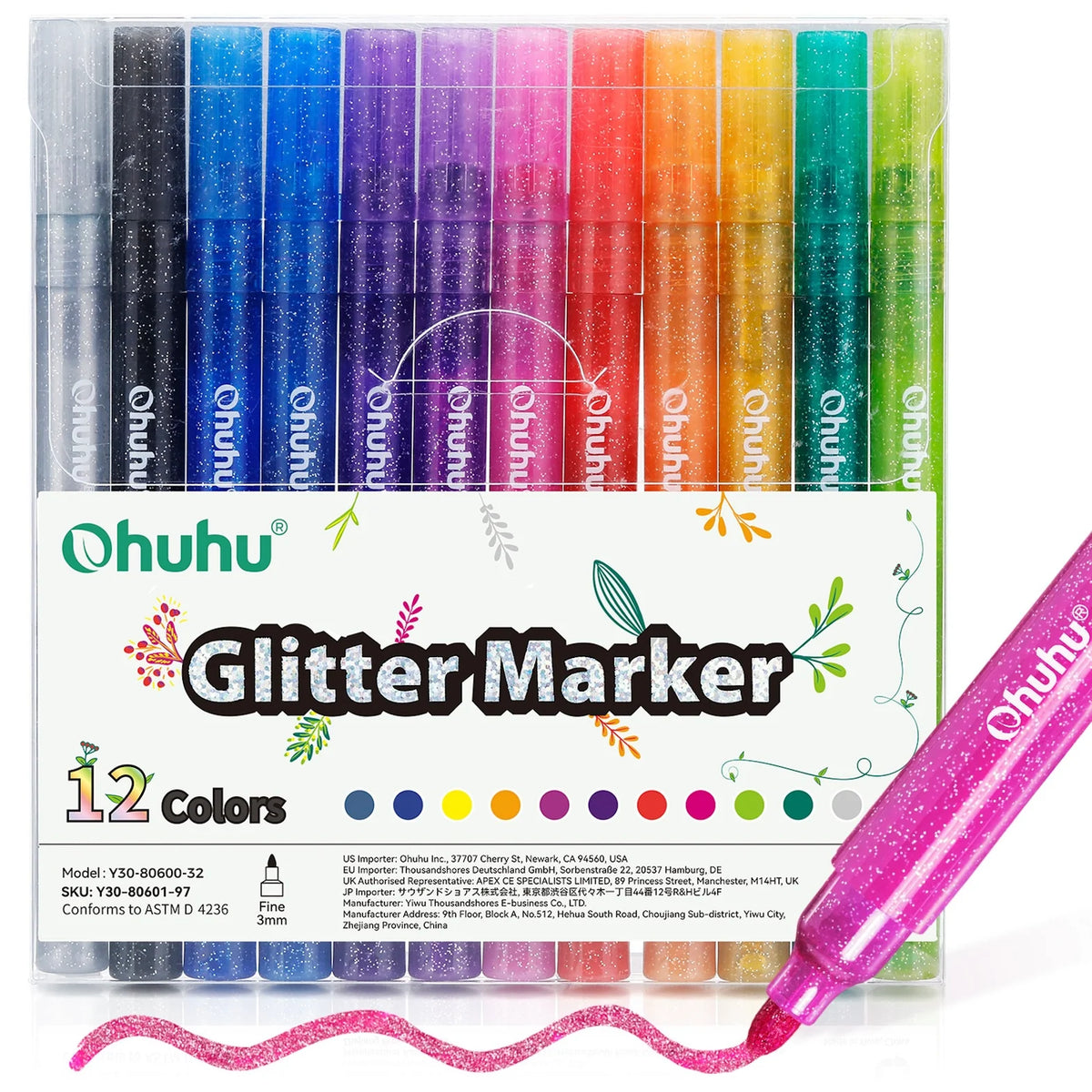 Ohuhu Glitter Metallic Marker Pens, 12 Colours, 3mm