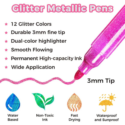 Ohuhu Glitter Metallic Marker Pens, 12 Colours, 3mm