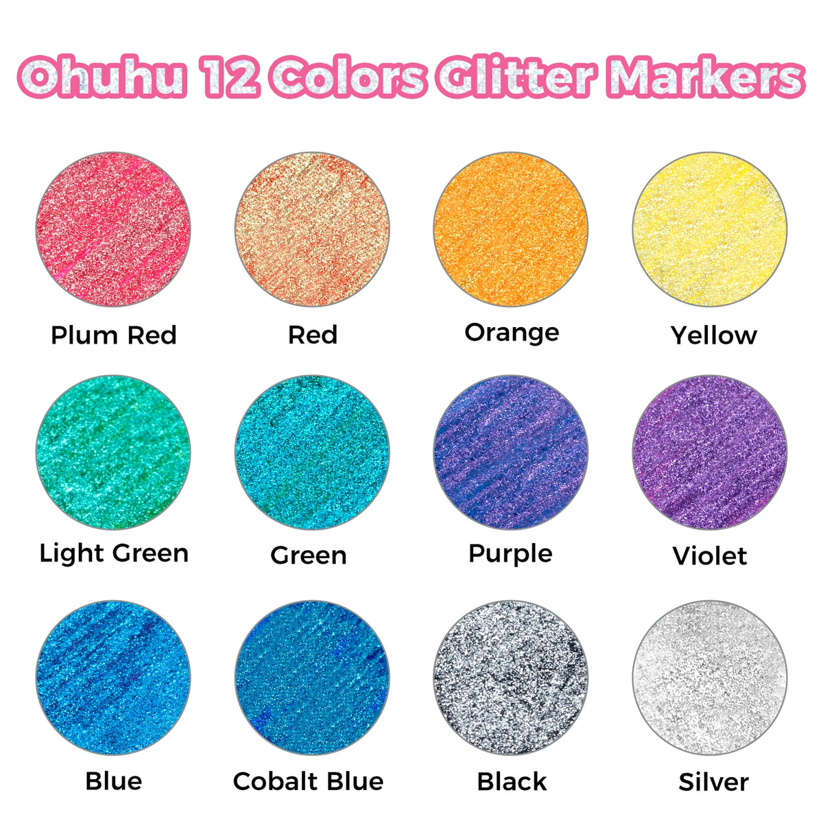 Ohuhu Glitter Metallic Marker Pens, 12 Colours, 3mm