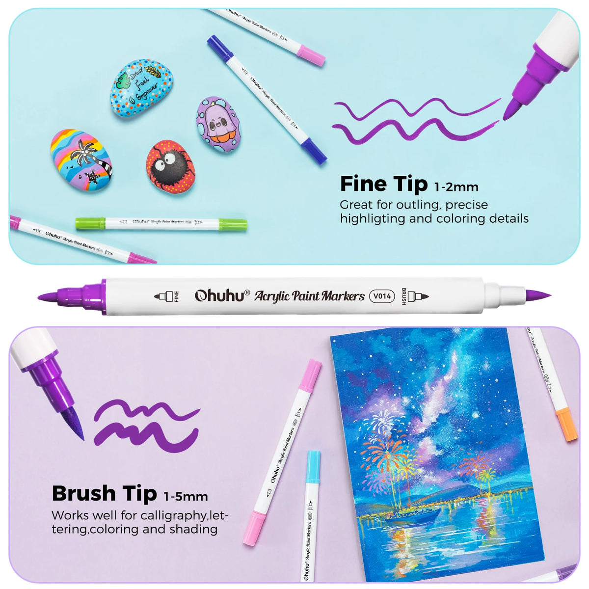 Ohuhu Akaka 120 Colours Cotton-Core Acrylic Paint Markers, Brush & Fine